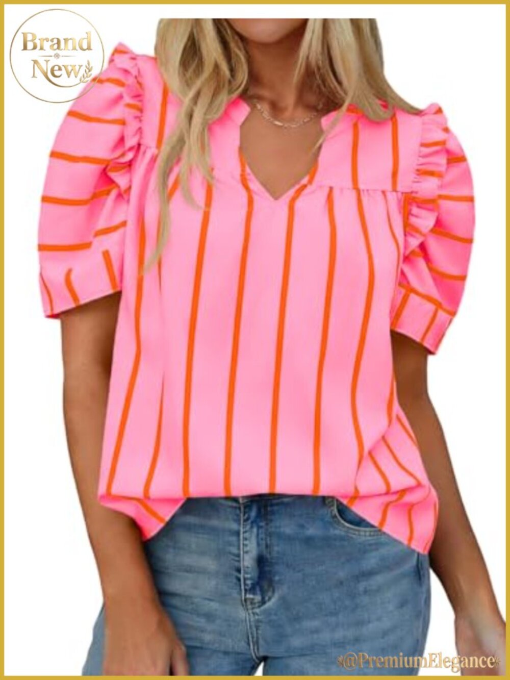 Puff Sleeve Striped V-Neck Blouse Loose Fit Tunic Top for Summer